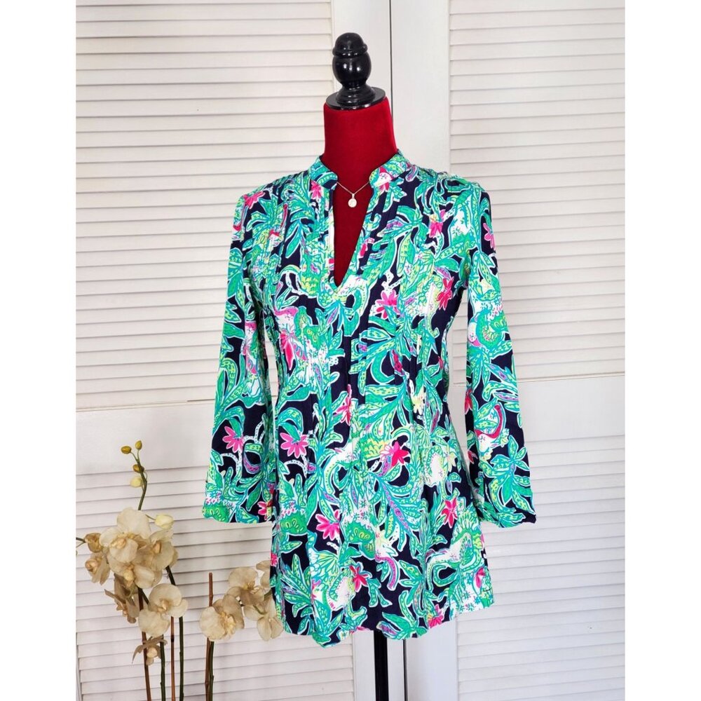Lilly Pulitzer Women's Green Pink Rayon Sarasota Tunic Trunk Show Print Size XXS - Picture 1 of 12